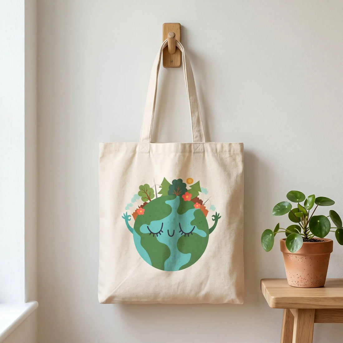 Cute eco-friendly tote bag hanging on a wall featuring a smiling Earth illustration with trees, flowers, and nature-inspired artwork beside a small potted plant in a minimalist aesthetic setting.