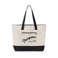 Progress Over Perfection Tote Bag | Minimalist canvas tote bag with black straps and zipper pocket featuring the motivational quote “Progress Over Perfection” in bold black typography on a neutral cream background.