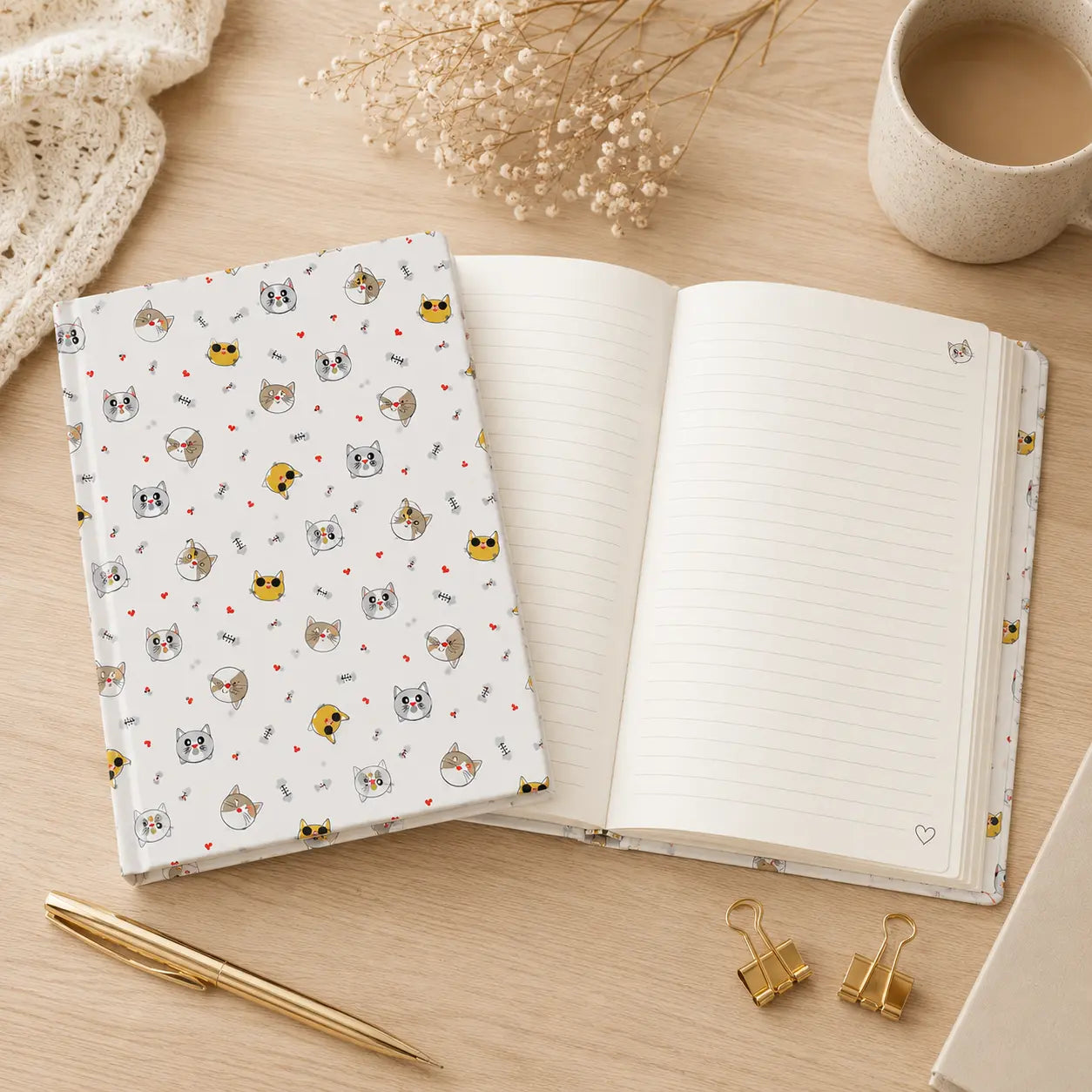 Kawaii Kitty Notebook | Clear Hard Cover Journal Printify